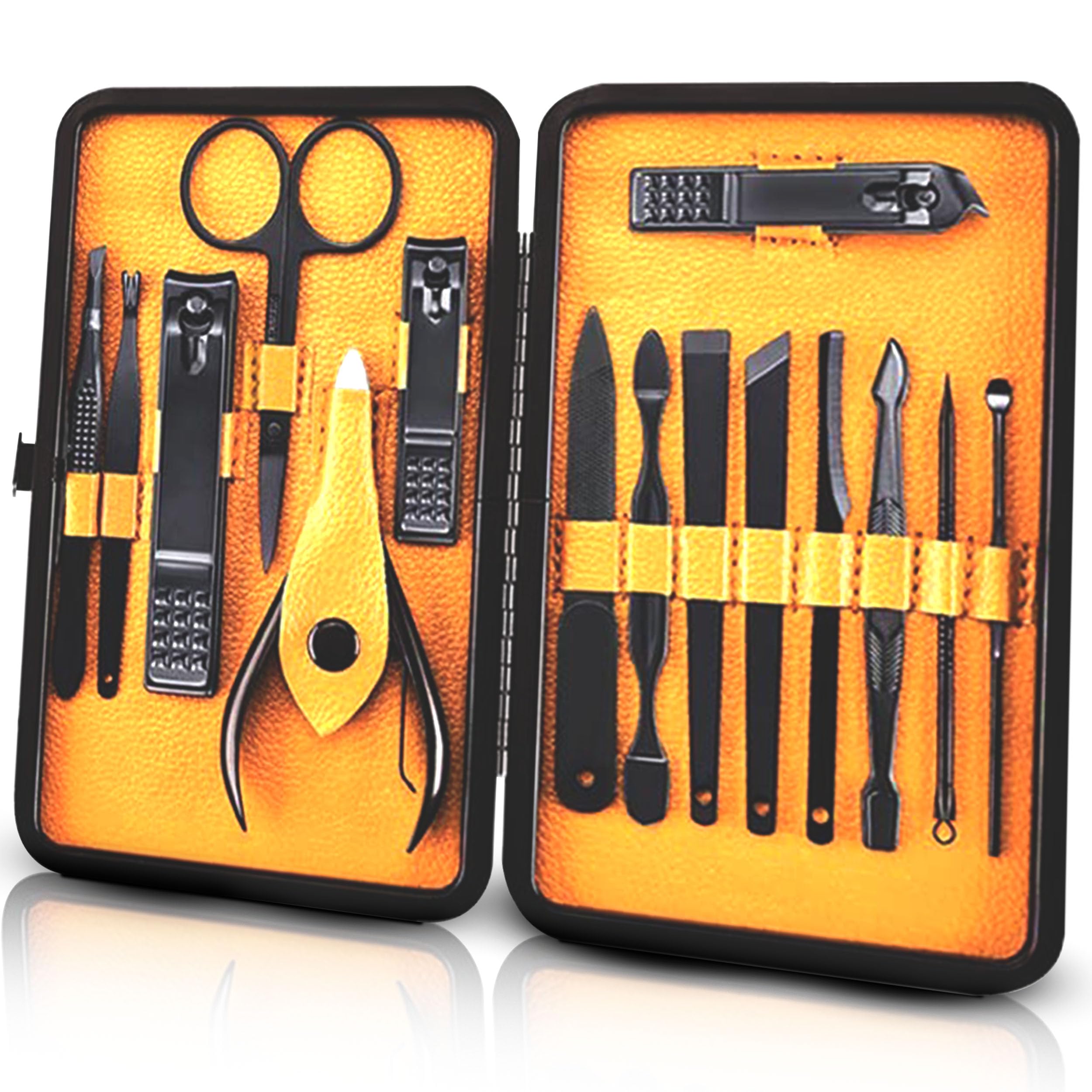 Groomarang Mens Manicure Kit - 15pc | Stainless Steel Nail Clippers Grooming Set | Corrosion Resistant Black Tools | Cuticle Nipper Nail File Tweezers Scissors | Compact Travel Case for Men