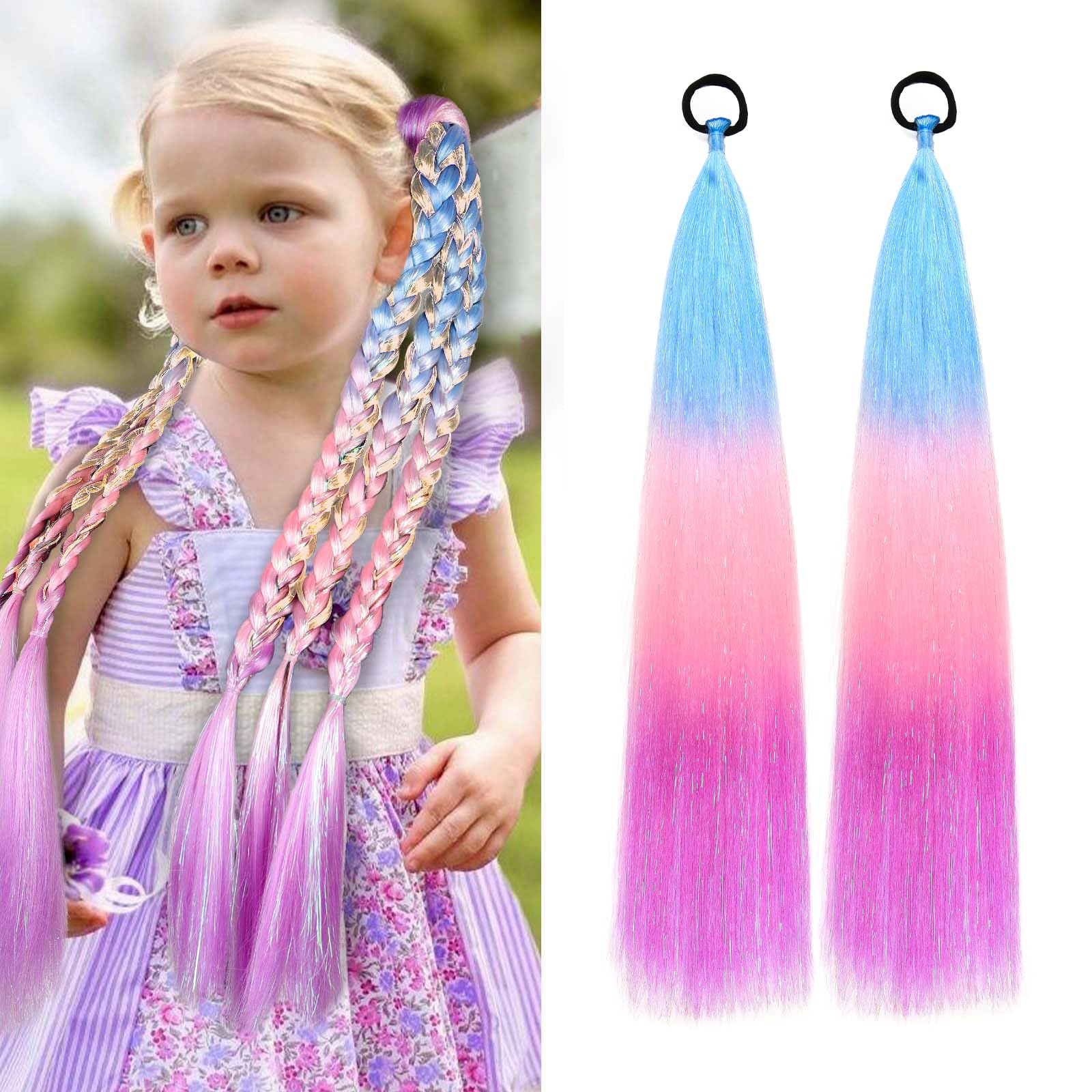 Rainbow Ponytail Extensions With Hair Tie 2 Packs 50g/Pack Coloured Hair Extensions for Braiding 26 inch Colorful Ombre Mermaid Pony Tail Synthetic Hair Extensions for Girl Women #S32 โ image 1