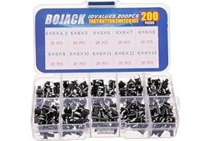 BOJACK 10 Values 200 Pcs 6x6 mm Tactile Pushbutton Switches 4 Pin Momentary Push Button Switches Assortment Kit