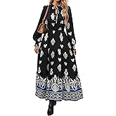 BTFBM Women's Fall Wedding Guest Dresses 2025 Casual Floral Long Sleeve V Neck Front Tie Flowy Boho Maxi Dress Pockets