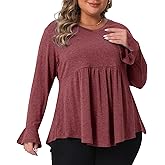 Agnes Orinda Plus Size Long Sleeve Shirts for Women Flared Sleeves Pullover Dressy Casual Peplum Tops