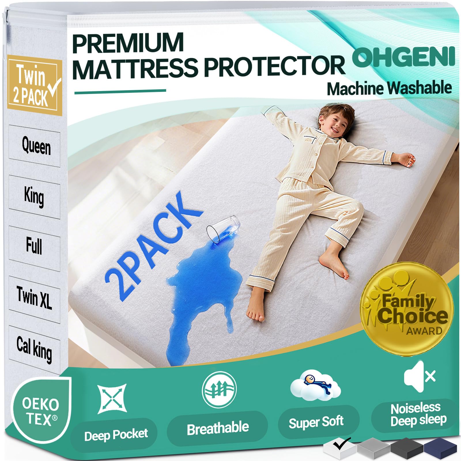 OhGeni 2 Pack Waterproof Mattress Protector, Twin Size Fitted Sheet with Deep Pocket, 6''-16'' Washable Hypoallergenic Mattresses Cover,Noiseless Soft Mattress Pad,Kids' Bedwetting,Pee & Dirt-Proof