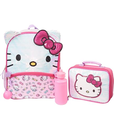 Hello Kitty Backpack with Lunchbox Set for Girls School Bundle Plus More | 16in Large Durable Sanrio Bookbag w/ Insulated Lunch Box Plus Water Bottle, Stickers, More