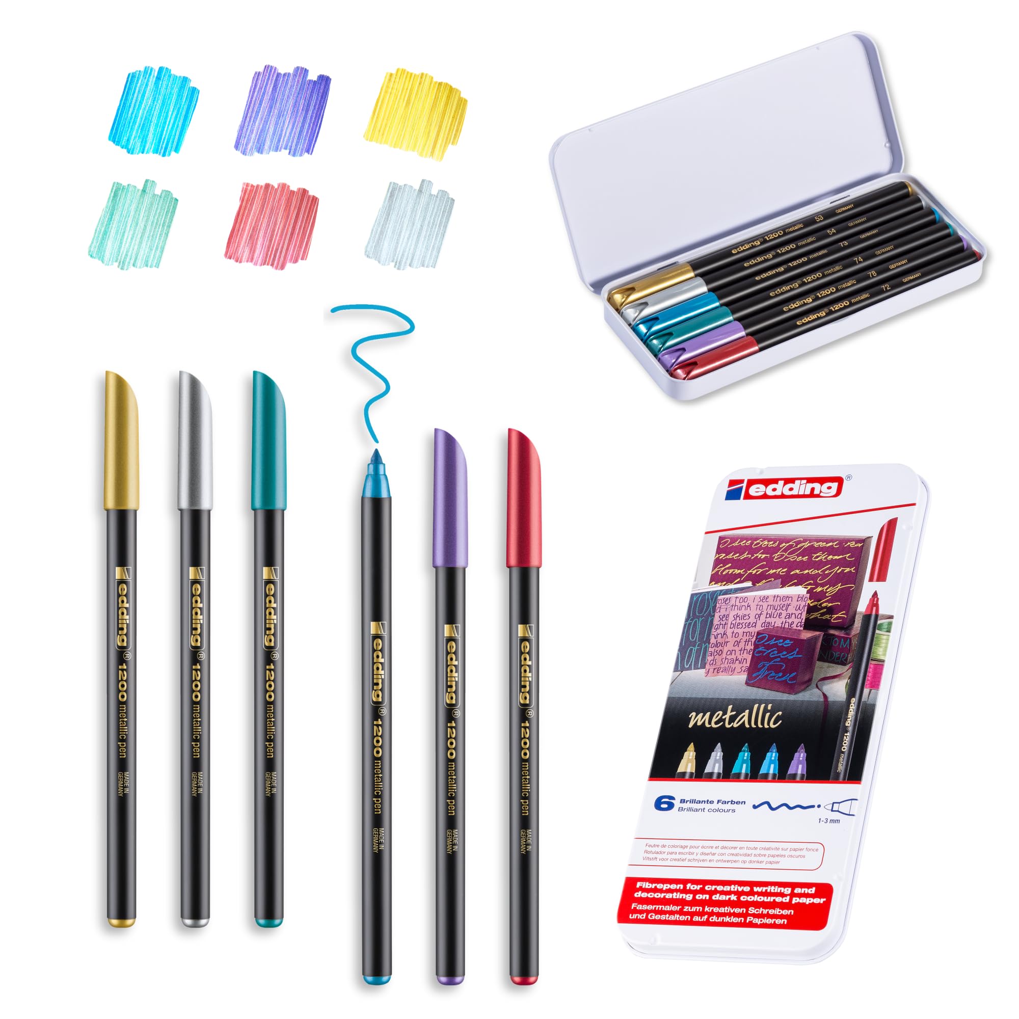 edding 1200 metallic colour pen - multi-coloured - 6 pens - round nib 1-3 mm - gift tin of 6 colours