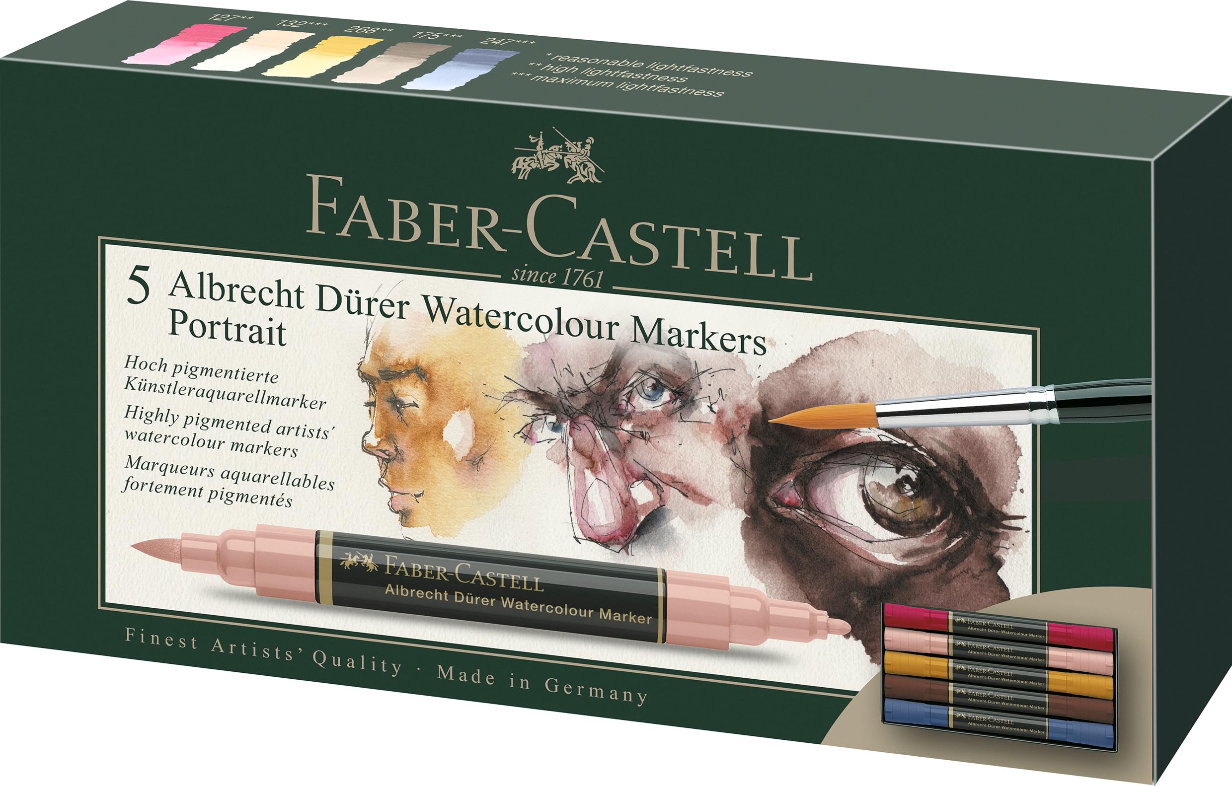 Faber-Castell Albrecht Dürer 160307 Watercolour Marker with Double Tip for Flat and Precise Colour Application Pack of 5 Portrait