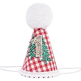 Agvgaza Christmas 1st Birthday Hat - Red and White Grid Felt First Cone Hat,One Year Old Decorations,Christmas Tree New Year Party Crown for Photo Props