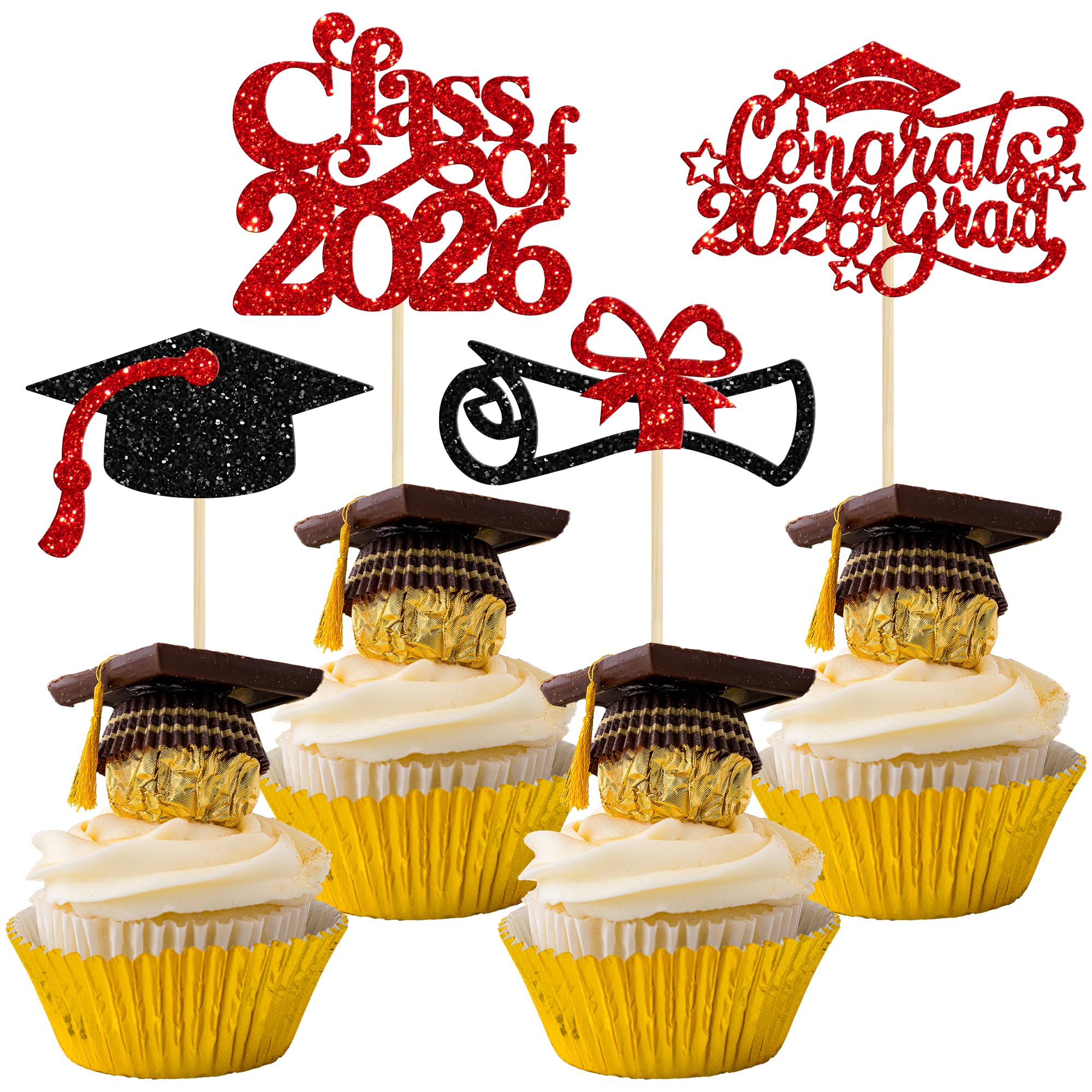 Gyufise 24Pcs 2026 Graduation Cupcake Toppers Glitter Class of 2026 Congrats Grad 2026 Cake Toppers Cap Diploma Cupcake Picks 2026 Graduation Theme Party Cake Decorations Supplies Red