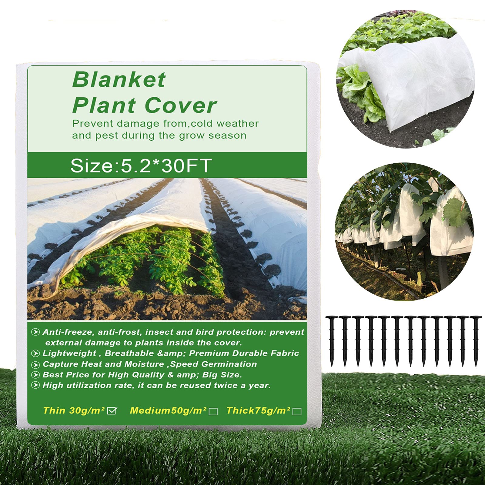 Kslogin Plant Frost Protection Fleece with 12 Gardening Stake for Winter Frost Protection, 1.6x 9 M Reusable Frost Blanket Antifreeze Cover Plant Protective Layer for Winter, Sunscreen & Animal