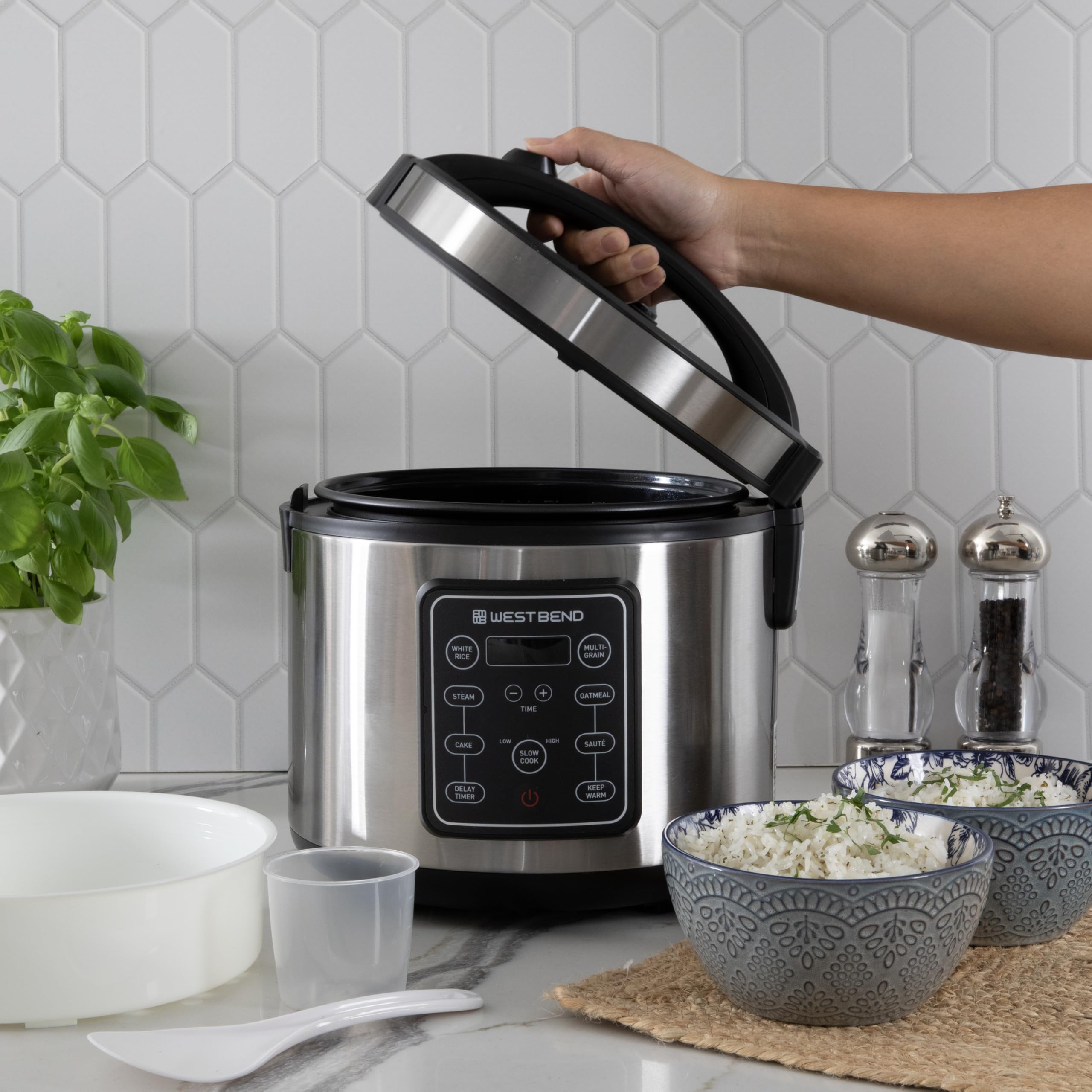 West Bend Rice & Grain Multi Cooker Programmable with 9 Preset Functions, Features Delay Start and Keep Warm Functions and Steam Basket, 20 Cups Cooked, Stainless Steel