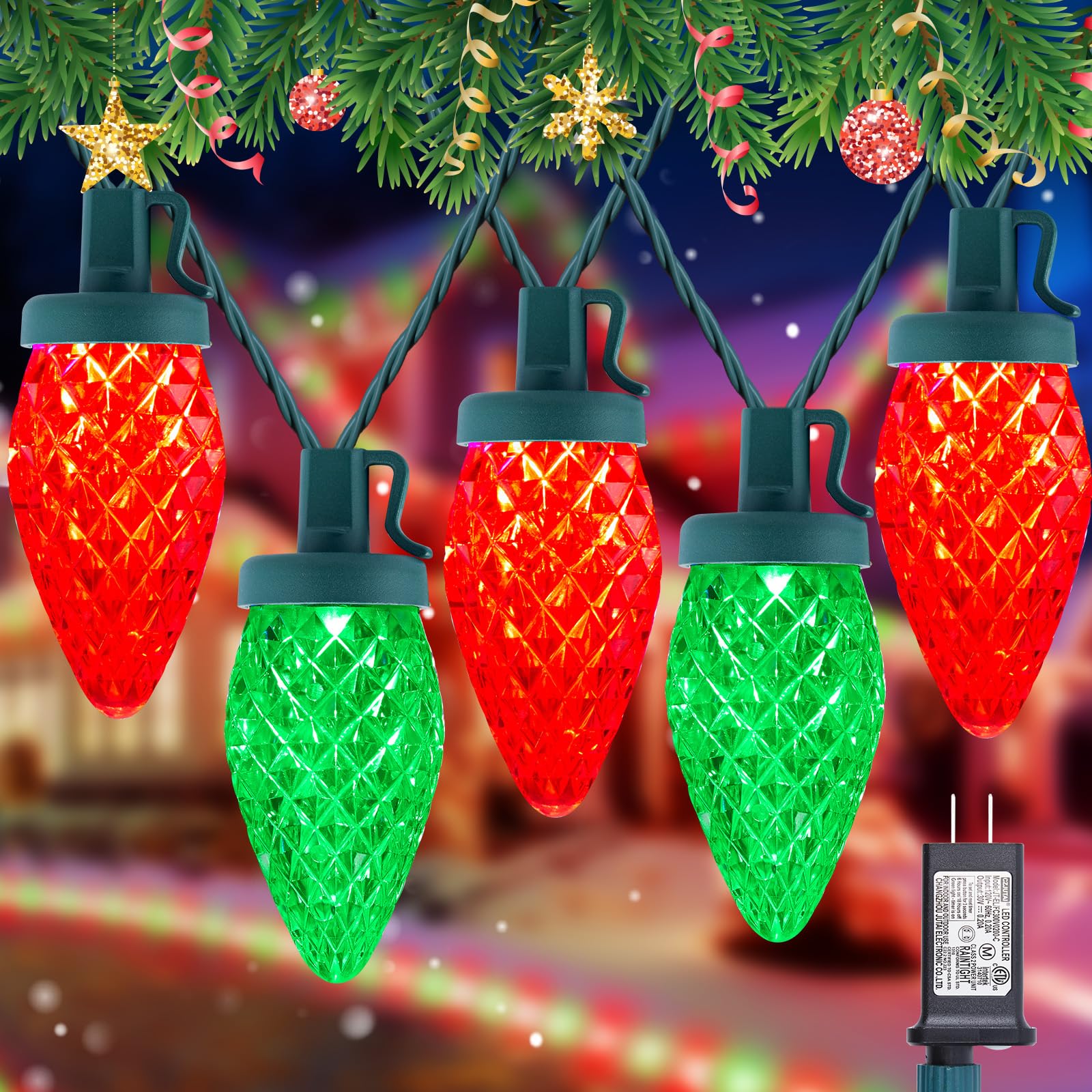 Photo 1 of C9 LED Christmas String Lights - 82ft 100 LED Outdoor String Lights with Timer and 8 Lighting Modes, Plug in Extendable Roofline Lights String for Outside Yard Porch Christmas Holiday Decoration