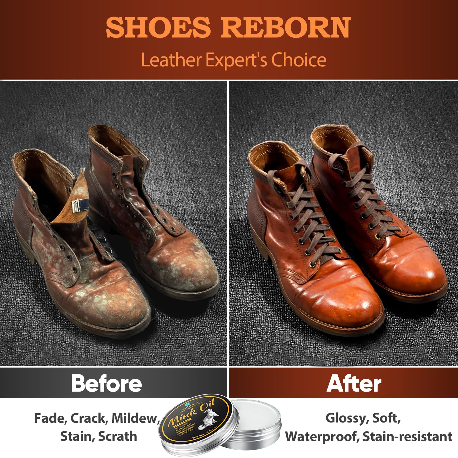 Feilove 4-in-1 Mink Oil Leather Conditioner and Cleaner 3.52 oz - Premium Waterproof Formula for Boots and Shoes