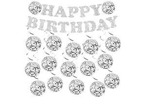 AUGISTEEN 26 Pcs Disco Birthday Party Decorations Disco Happy Birthday Banner 70s Disco Ball Hanging Swirls Silver Disco Ceiling Hanging Decorations for 70s 80s Hippie Baby Shower Birthday Party Supplies