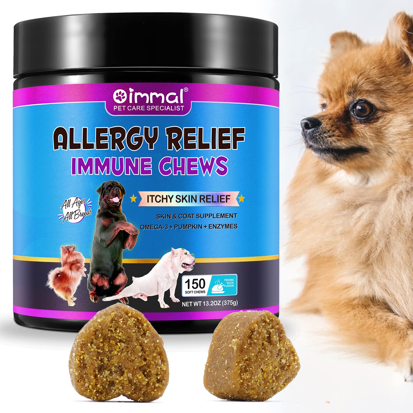Dog Allergy Relief Treats, Itchy Dog Skin Relief for Dog, Soothes Seasonal Itchy Skin, Paws, Eyes, Ears, Stops Itching, Licking, Scratching, for All Breeds and Sizes - Peking Duck Flavor (150 Chews)