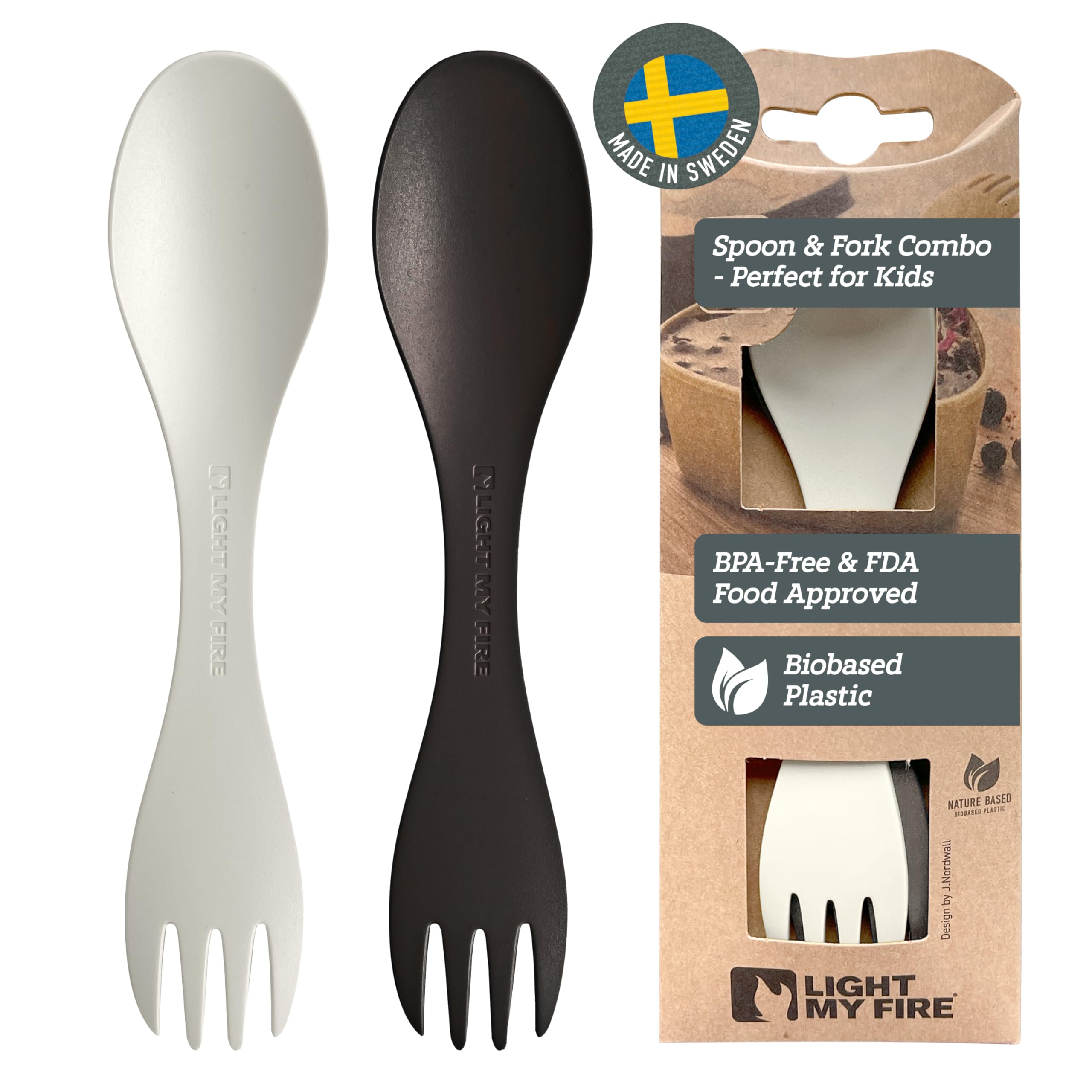 Light My Fire Spork Little 2-in-1 Durable Kids Cutlery Set 3 Year Old 2-Pack Reusable Travel Toddler Cutlery Set, BPA-Free Easy-to-Use Picnic Sporks Plastic Camping Accessories On-the-Go, Cocoa/Cream