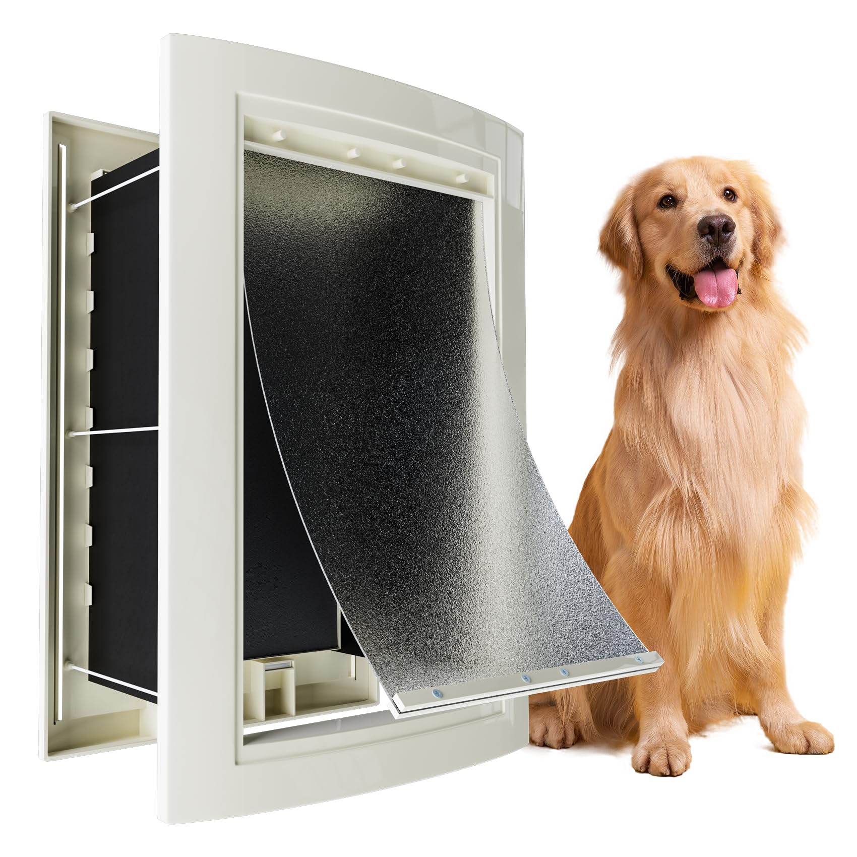 Photo 1 of mestyl Dog Door for Wall, Pet Door, Doggie Door with Telescoping Tunnel, Double Magnetic Flaps and Sliding Lock Panels, 3-Flap Dog Door and Cat Door, Easy to Install, White, Large