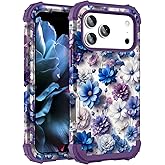 Hocase for iPhone 17 Pro Case 6.3", Heavy Duty Shockproof Protection Soft Silicone Rubber+Hard Plastic Bumpers Hybrid Protective Case for iPhone 17 Pro 2025 - Blue Purple Flowers