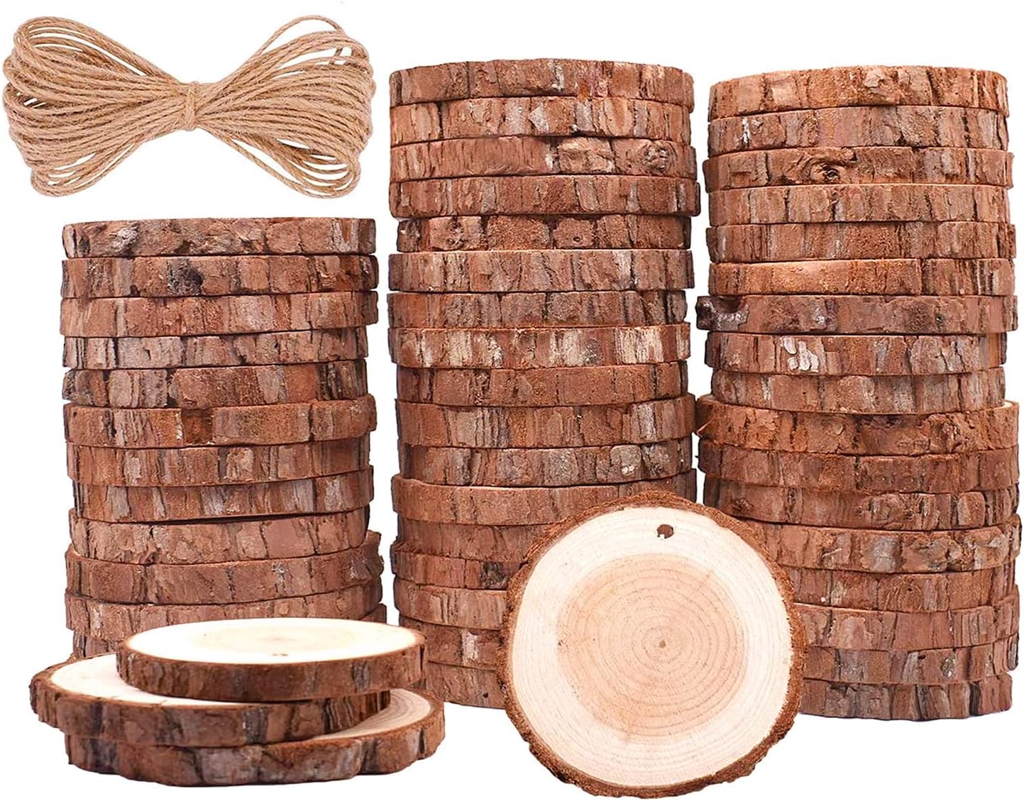 TICIOSH Wood Slices Natural Wood Slices Drilled Hole Unfinished Log Wooden Circles for DIY Crafts Wedding Decorations Christmas Ornaments… (50pcs 6-7cm)