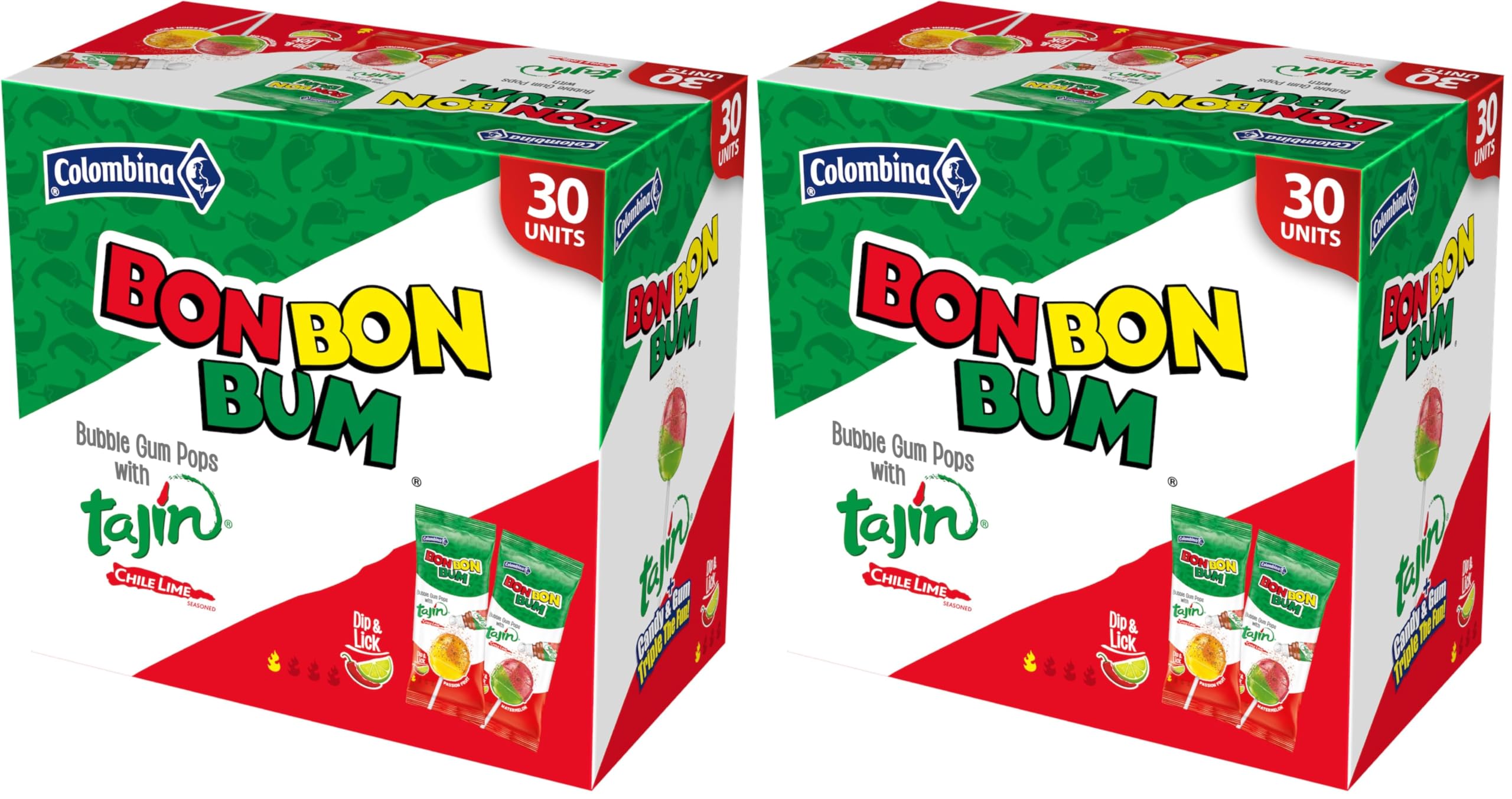 Colombina Bon Bon Bum Tropical Passion Fruit & Watermelon with Tajin Chile Lime Dip Dispenser, 30 Count (Pack of 2) Image