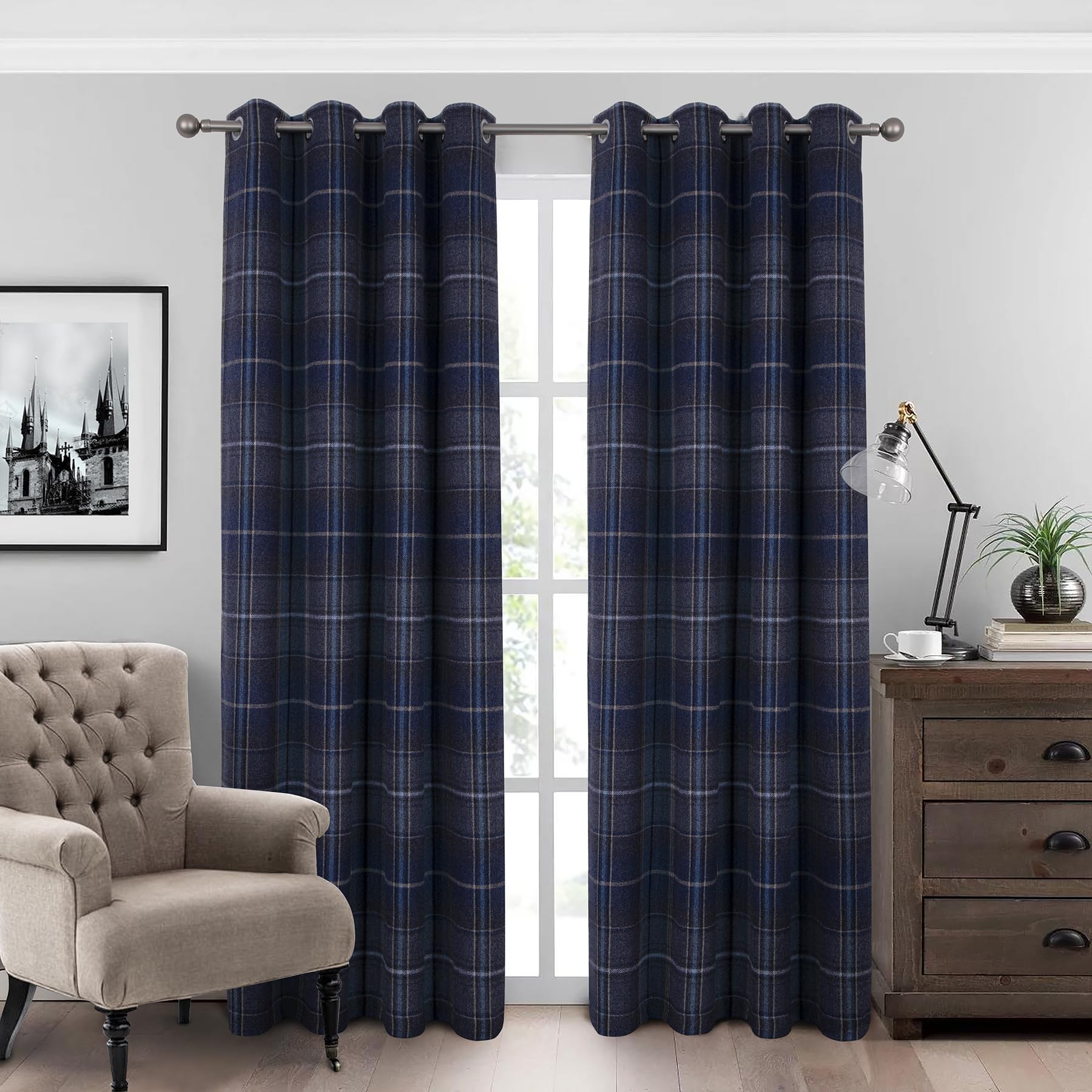 always4u 100% Blackout Curtains Check Eyelet Bedroom Tartan Curtain Plaid Brushed Cheque Pair of Highland Woolen Look Window Treatment for Living Room Navy Blue 66 * 54 Inches
