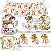 170 Pcs Cowgirl Birthday Party Decorations, Horse Theme Party Tableware Set Includes Plates, Napkins, Cups, Banner, Tablecloth for Girls, Horse Party Decorations, Serve 24