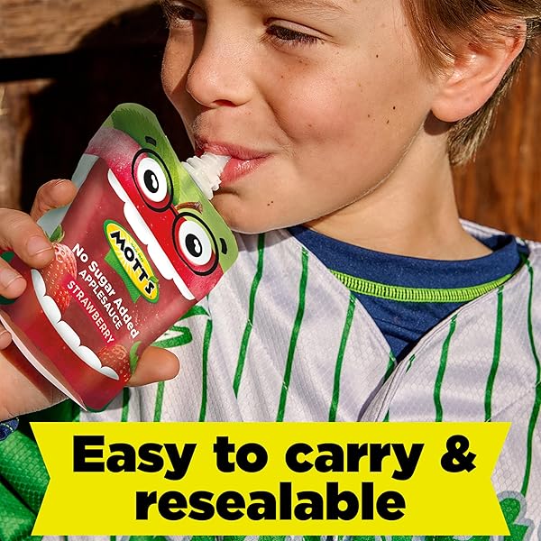 MOTT’S NO SUGAR ADDED STRAWBERRY APPLESAUCE, 3.2 OZ CLEAR POUCHES, 12 COUNT