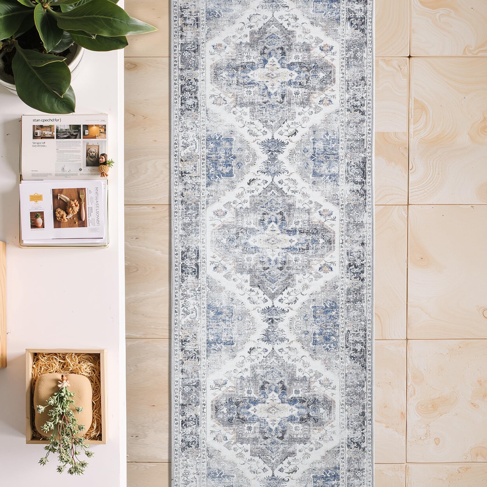 TOPICK Runner Rug 60x305cm Hallway Runner Washable Floral Grey Kitchen Rug Thin Non Slip Long Carpet for Bedroom Entrance