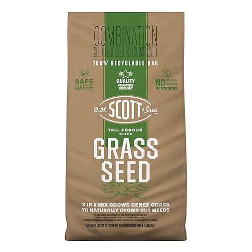 O.M. Scott and Sons Tall Fescue Blend Grass Seed, Fertilizer and Soil Improver, Naturally Crowds Out Weeds, Covers Up to 2,000 sq. ft., 8 lbs.