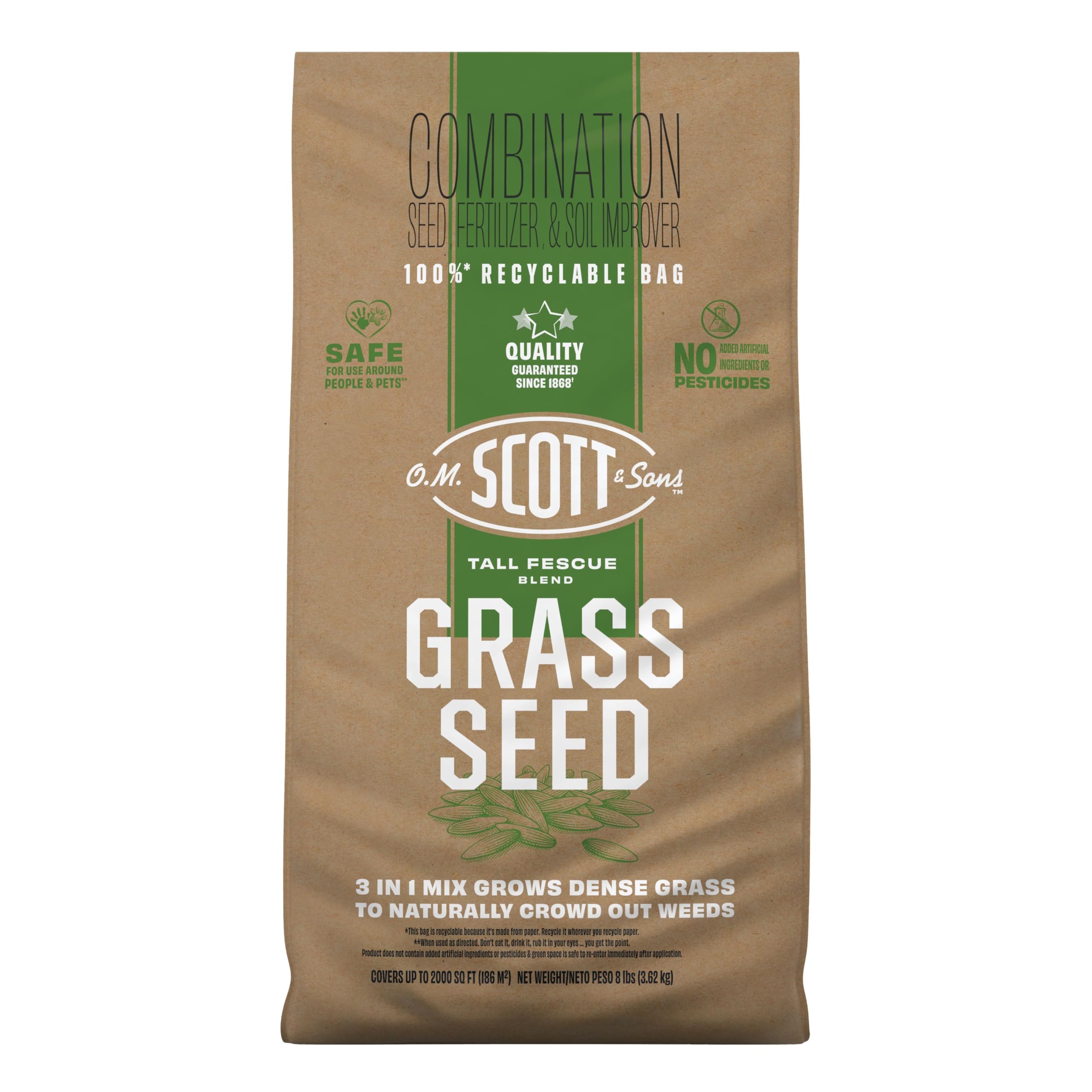 Photo 1 of ***SOME USED***O.M. Scott and Sons Tall Fescue Blend Grass Seed, Fertilizer and Soil Improver, Naturally Crowds Out Weeds, Covers Up to 2,000 sq. ft., 8 lbs.