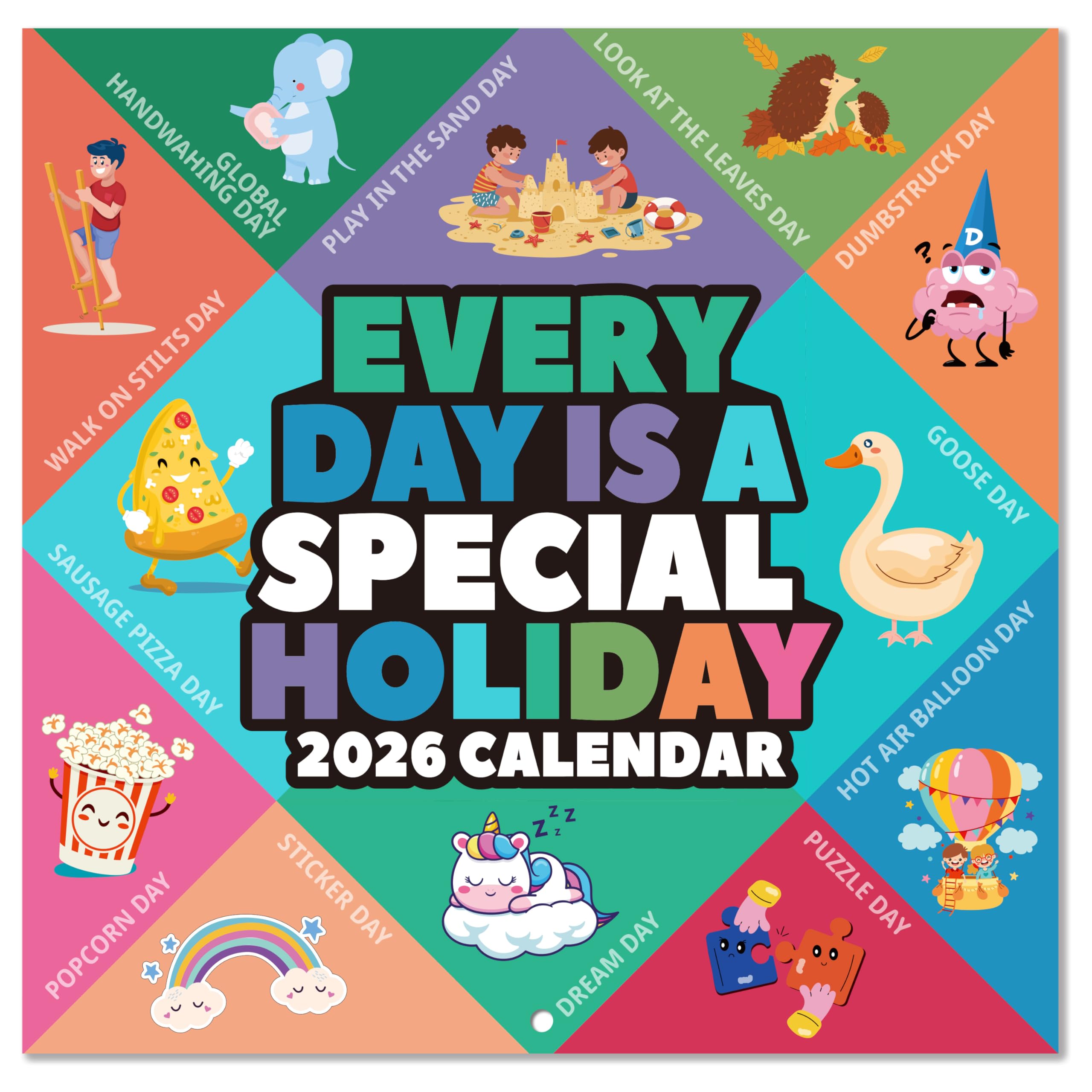 View 1 of 2026 Wall Calendar - 2026 Calendar, Every Day's a Holiday 2026 Calendar, 12" x 24" Large Grid(Opened), 12" x 12"(Closed), Jan 2026 - Dec 2026, 12 Different Monthly Holiday Themes, Premium Paper, Colorful Cartoon Characters