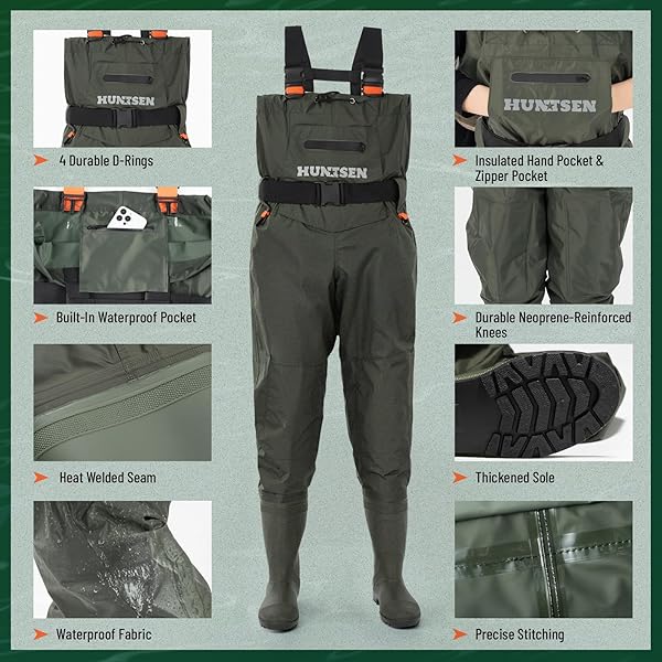 HUNTSEN FISHING WADERS FOR MEN WOMEN – 2-PLY NYLON/PVC WATERPROOF BOOTFOOT CHEST WADERS FOR HUNTING WITH BOOT HANGER & WATERPROOF PHONE CASE & REINFORCED NEOPRENE KNEES GREEN SIZE M10