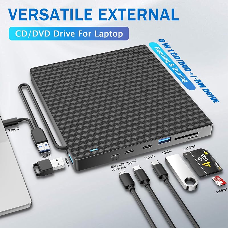 Unidade Externa de CD/DVD, USB 3.0 & Gravador de DVD Externo Tipo C, Unidade de Disquete Externa USB, Leitor de CD Portátil +/- RW, Drives Externas de DVD/CD para PC/Portáteis/Linux/Windows 11/10/8/Mac/Secretárias