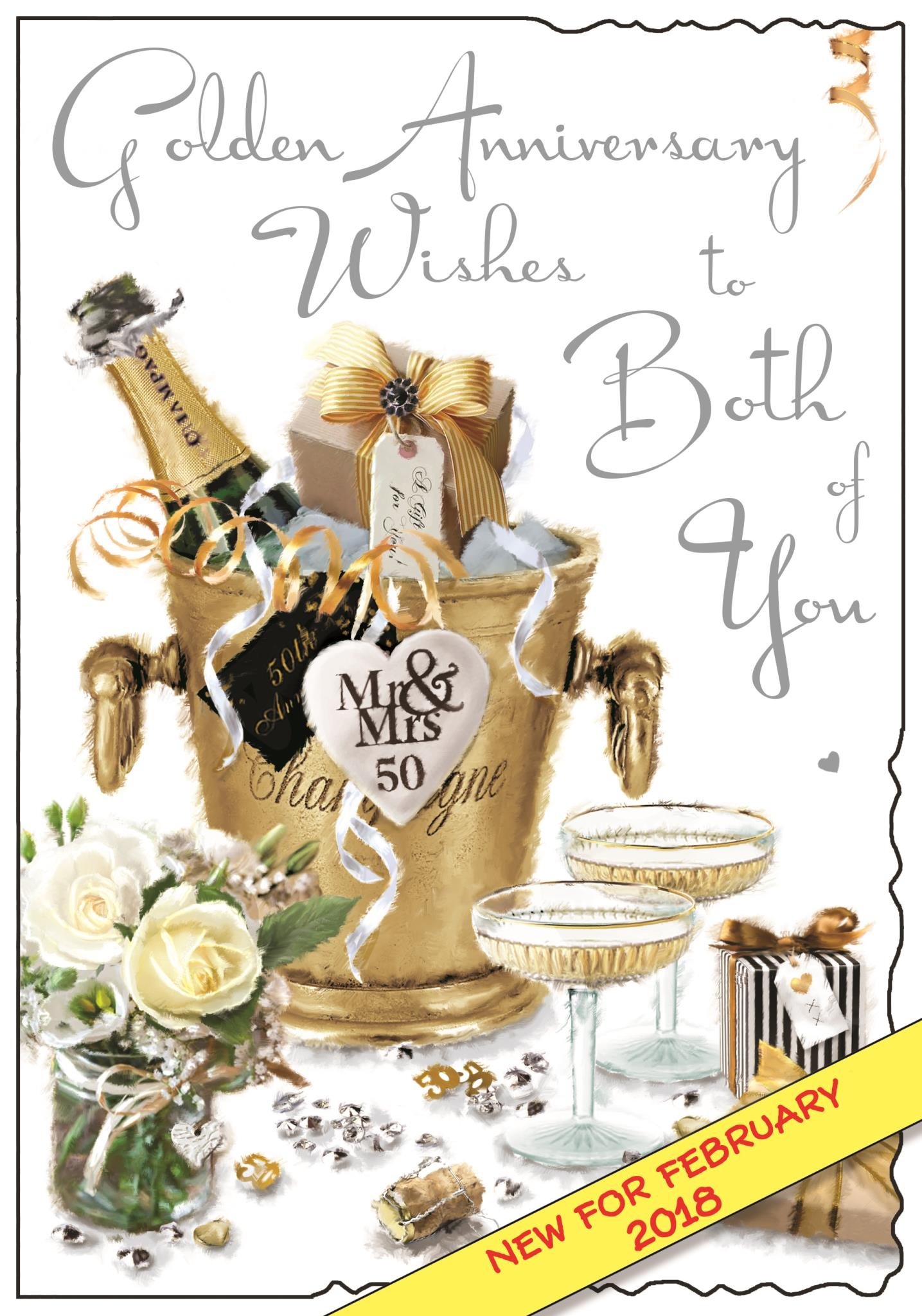 Jonny Javelin Illustrated Golden Anniversary Card - (JJ9349) - Both Of You Golden Anniversary - From The Velvet Range - Embossed With A Silver Foil & Flitter Finish