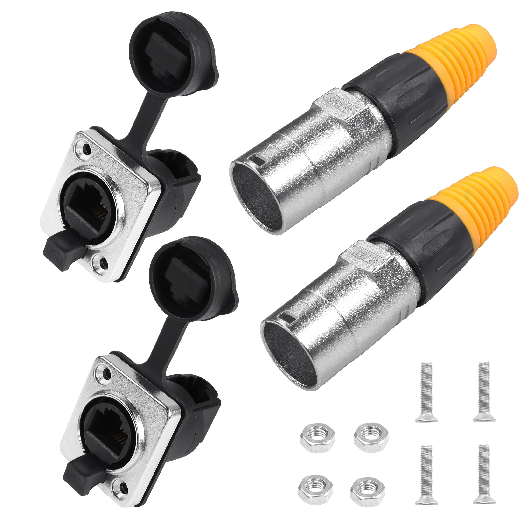 YACSEJAO RJ45 Interface Waterproof Sockets Connector, Right Angle RJ45 Panel Mount IP65 Waterproof Cat5/5e/6 8P8C Ethernet LAN Extension Coupler Assembly for Indoor Outdoor Network, 2 Pair