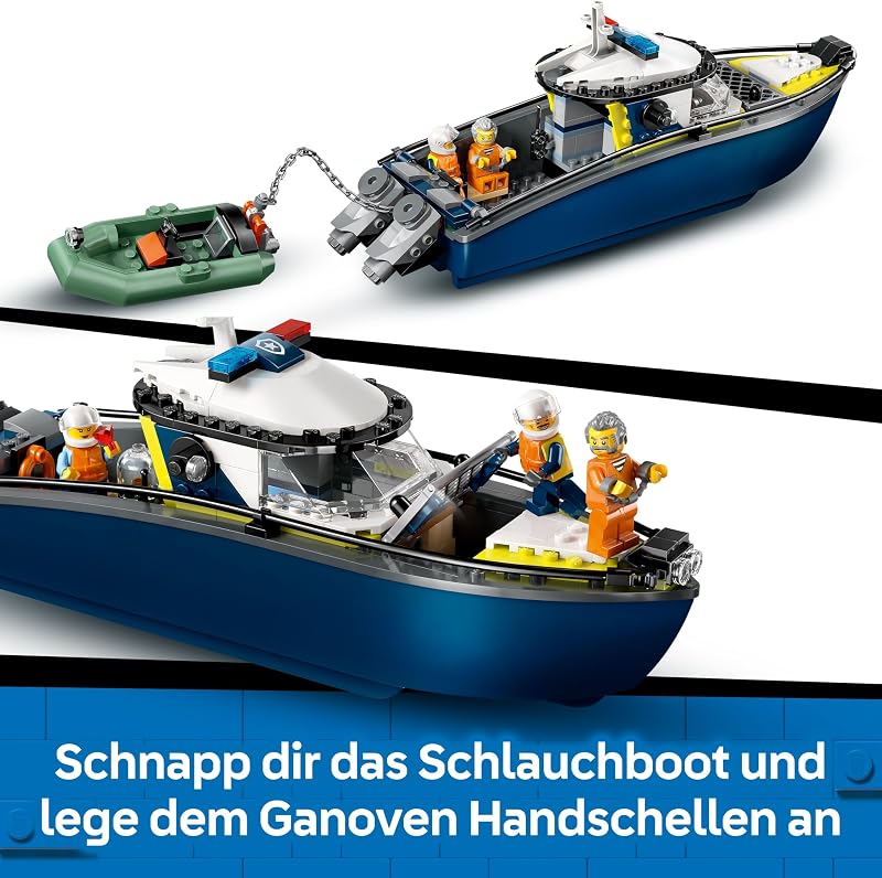 City Verfolgungsjagd im Polizeiboot – Spielset mit schwimmfähigem Schnellboot, Schlauchboot des Ganoven, 3 Mini-Figuren und Einer Haifigur – Geschenk für Jungen und Mädchen ab 6 Jahren – 60456