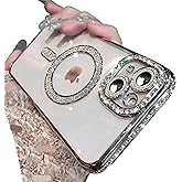Doulings Magnetic Glitter Diamond for iPhone 15 Pro Case[Compatible with MagSafe] Sparkle Rhinestone Camera Lens Protector Plated,Crtstal Clear Slim Military Drop Shockproof Cover for Women,Silver