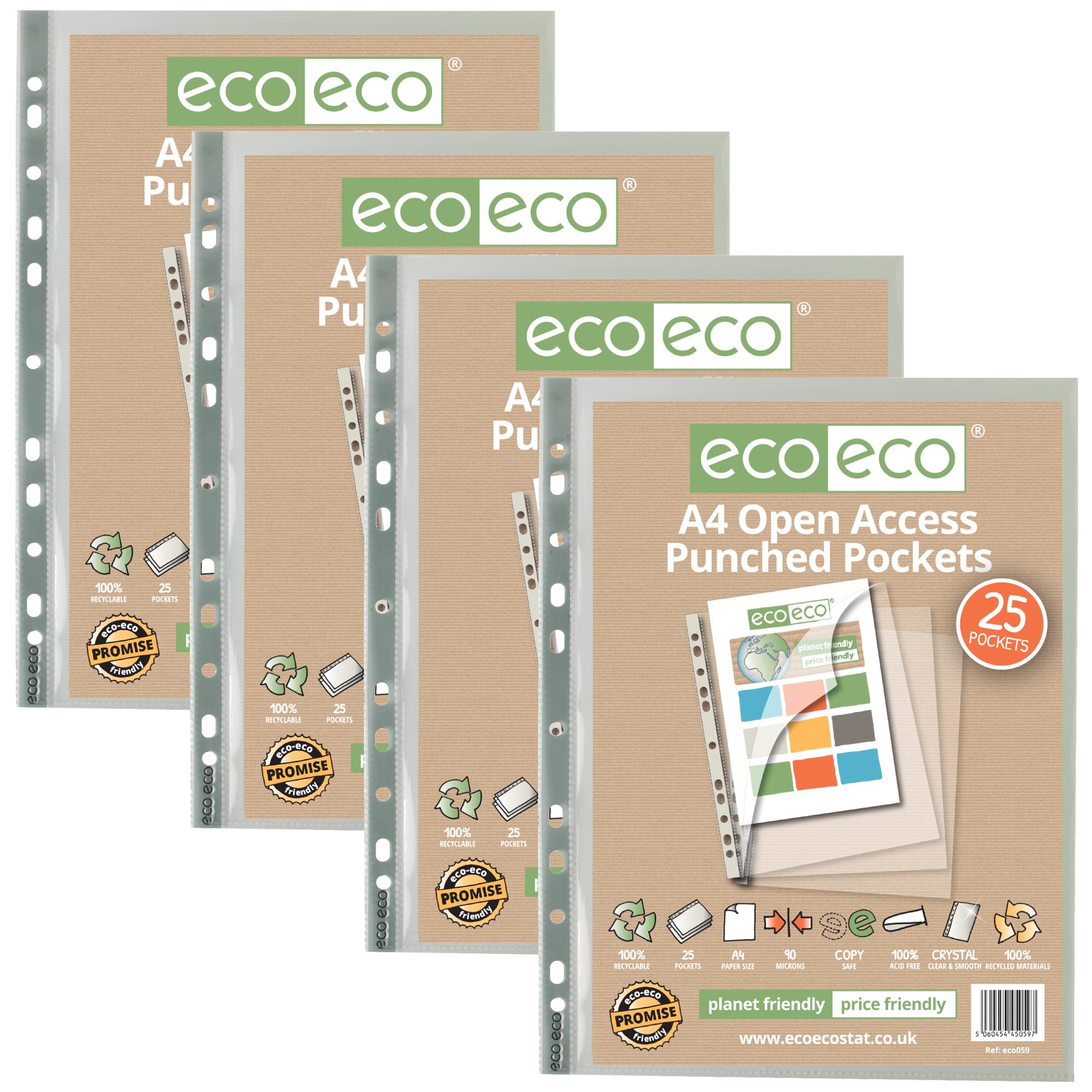 eco-eco A4 100% Recycled Premier Multi Punched Pockets Glass Clear, Open Top and Side, Transparent Poly Wallet Sheet Protector, 90 Microns (Pack of 100), eco059x4