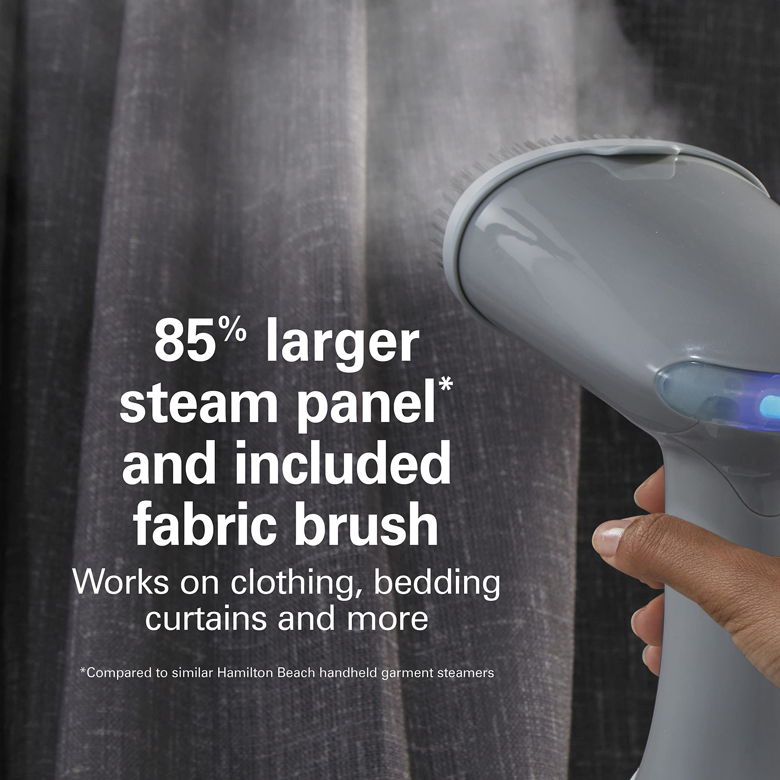 Hamilton Beach Handheld Garment Steamer for Clothes, Fabric and Drapes,1200 Watts, 400ml Water Tank, 20 Minutes of Continuous Steam, Vacation Essentials, Gray & Blue (11557)