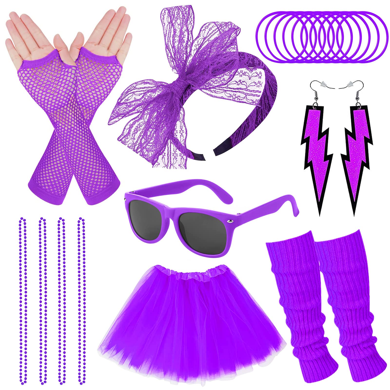 Pipihome 80s Costume Accessories Set for Women, 80s Fancy Dress Neon Headband Earrings Fishnet Gloves Bracelets Necklace Headband Accessories for 80s Retro Party