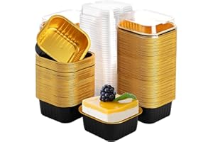 ZEAYEA 100 Pieces Aluminum Foil Baking Cups with Lids, 5.7 oz Disposable Ramekins Cupcake Containers, Square Cupcake Muffin L