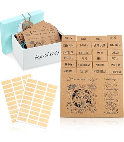 Caja De Recetas De Madera Con Tarjetas Y Divisores, 6 Separadores De Madera Y 50 Tarjetas