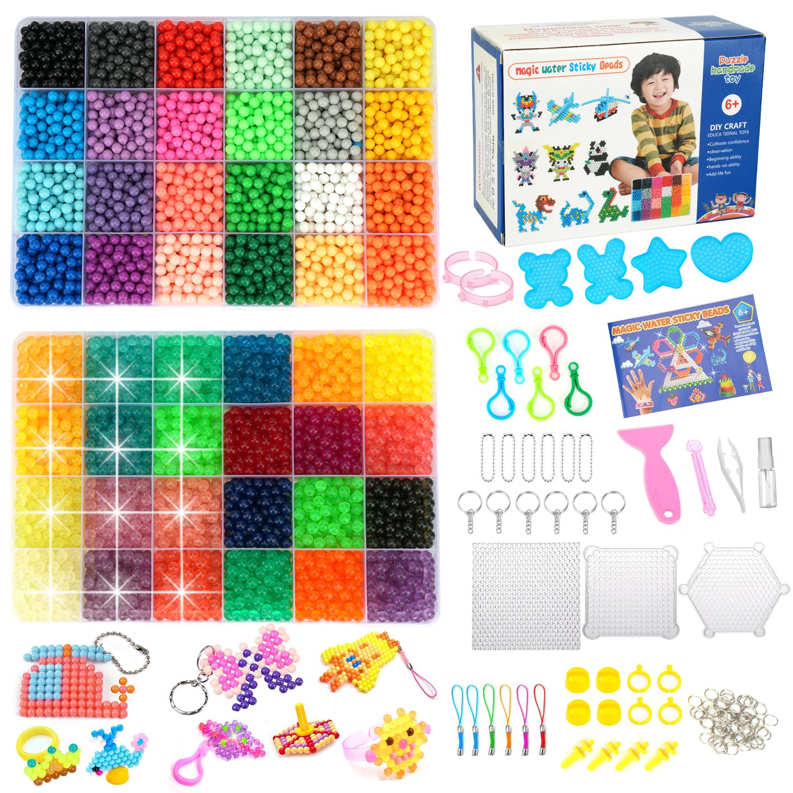 Sigowal Water Fuse Beads Set, 6000PCS 48 Colors Water Spray Beads Set Glow in The Dark, 5mm Water Sticky with Accessories Art Crafts Toys for Kids Beginners Gift