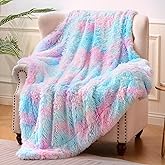 Exclusivo Mezcla Fuzzy Faux Fur Throw Blanket, Reversible Shaggy Sherpa Fleece Tie Dyed Blankets, Fluffy Plush Warm Throws for Couch, Bed, 50x60 Inches, Blue Pink