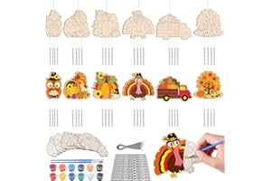 Silipull 24 Sets Thanksgiving Wind Chimes Crafts for Kids Make Your Own Wooden Wind Chime DIY Coloring Hanging Pumpkin Turkey Art and Craft for Thanksgiving Fall Party Favor Supply Classroom Activity