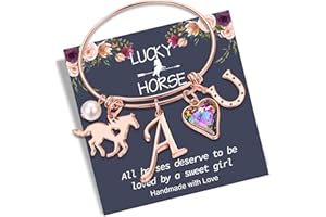 Anoup Horse Gifts for Girls - Horse Bracelets, 14K White/Rose Gold Plated Stainless Steel Bracelets | CZ Heart Horseshoe Initial Pearl | Horse Stuff | Birthday Day Gifts for Horse Lovers