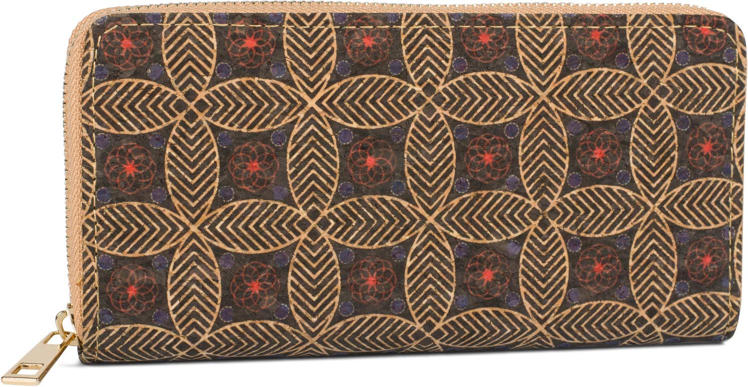 styleBREAKER Women's Cork Wallet with Colourful Pattern Print in Ethnic Look, Zipper, Wallet 02040138, Colour:Black-Red-Blue