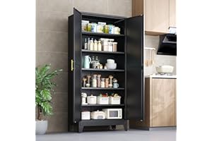 PAOFIN Kitchen Pantry Storage Cabinet with Doors and Adjustable Shelves, Metal ClosetMaid Food Pantry Cabinets, 75" Tall Freestanding Cupboard for Kitchen, Laundry or Utility Room, Black