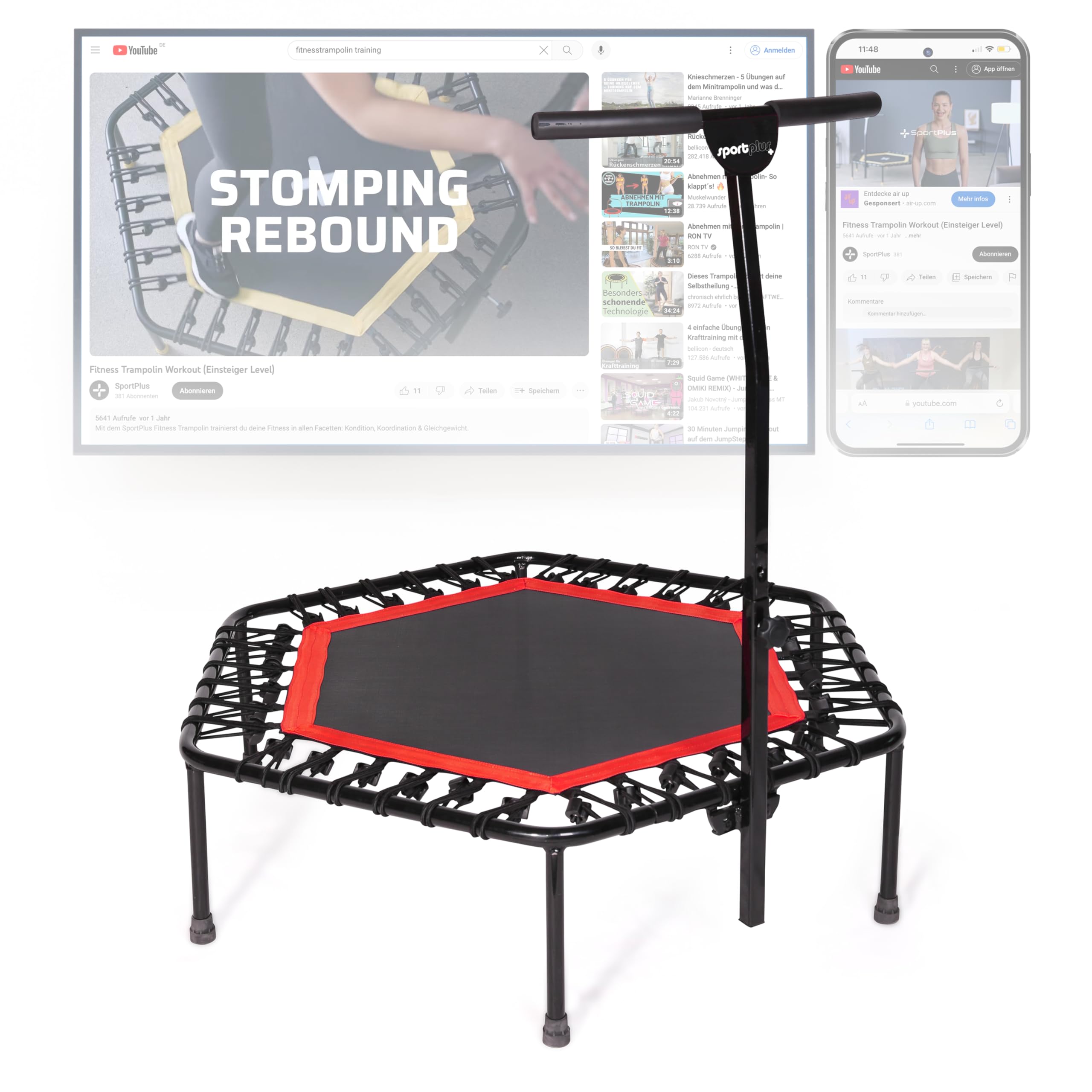 SportPlus Fitness Trampoline with Bar– Ideal for Home Cardio Workout – Training – Silent Bounce - Ø 110 cm – Max Load 130 Kg (User Weight)