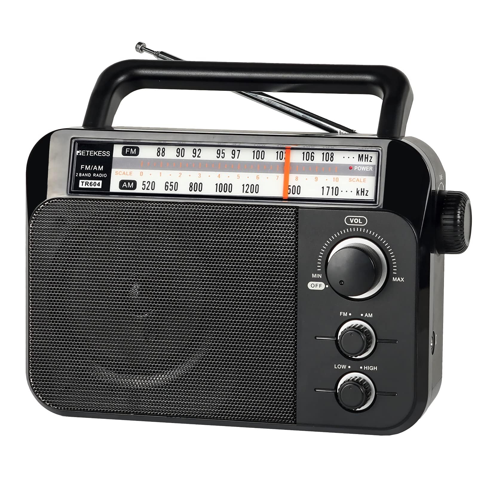 Retekess TR604 Portable Radio,Radios Mains and Battery,FM AM Radio,Large Display and Knob,Large Speaker,3.5mm Headphone Jack,Clear Sound,Easy to Use for Elderly (Black)