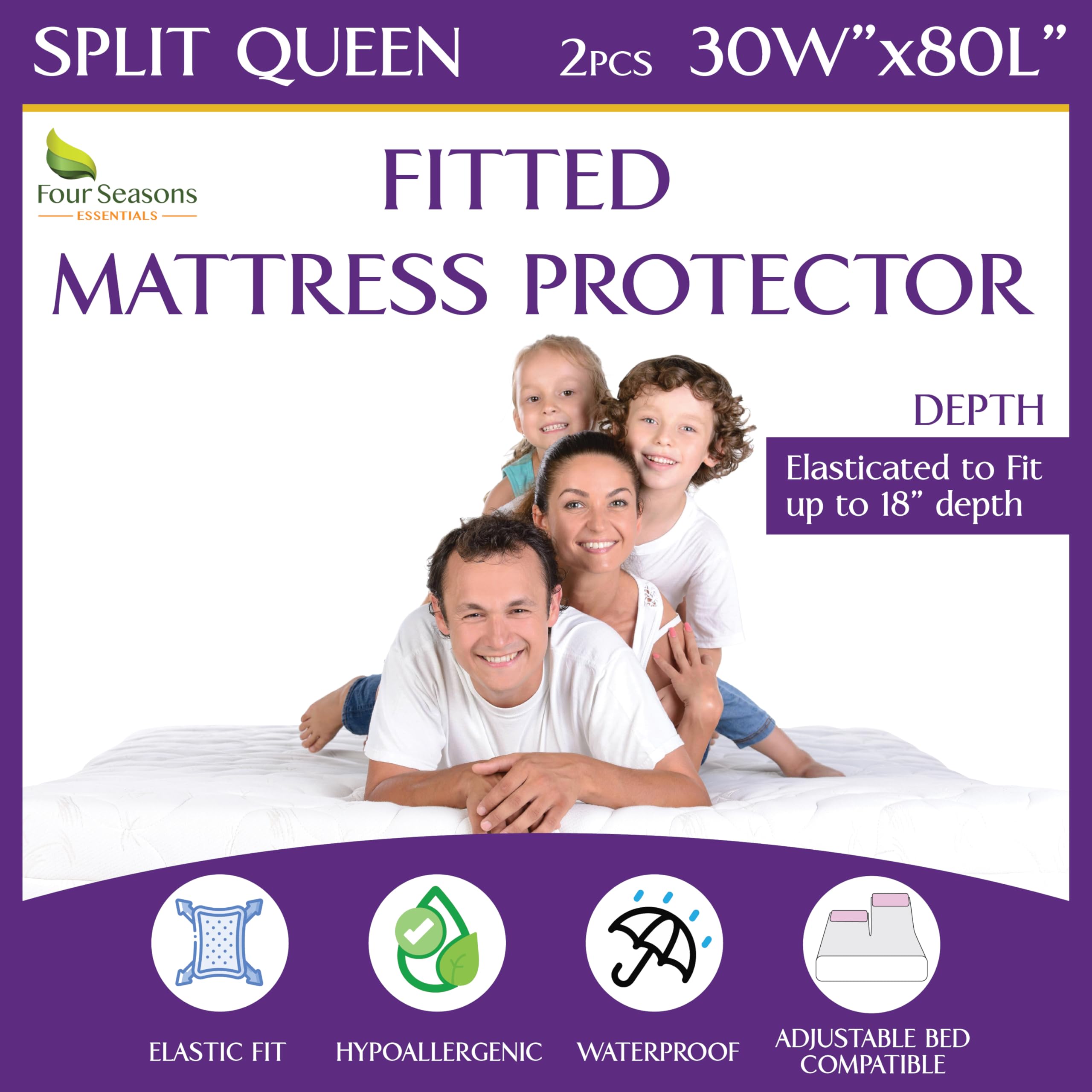Photo 1 of Split Queen Waterproof Mattress Protector 30" x 80" (2PCs) - Fitted Sheet Mattress Cover with Deep Pockets - Hypoallergenic, Breathable, Water Proof, Noiseless, Vinyl Free