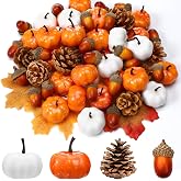 Yookeer 120pcs Fall Mini Pumpkins Artificial Acorn Pine Cone, Lovely Color | Tiny Pumpkins for Crafts, Fall Harvest Decor Bowl Filler, Thanksgiving Table Centerpiece, Gold White Orange Bulk for Vase DIY